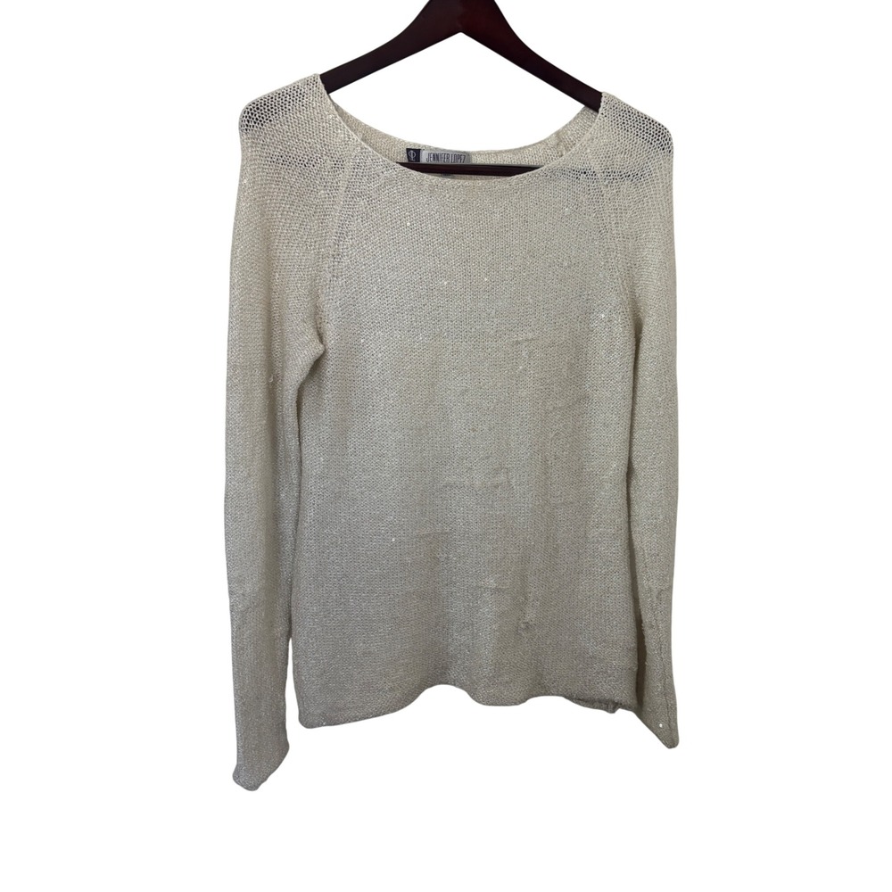 Jennifer Lopez Sweater Womens M Cream Sequin Knit Long Sleeve Boho Shimmer Good